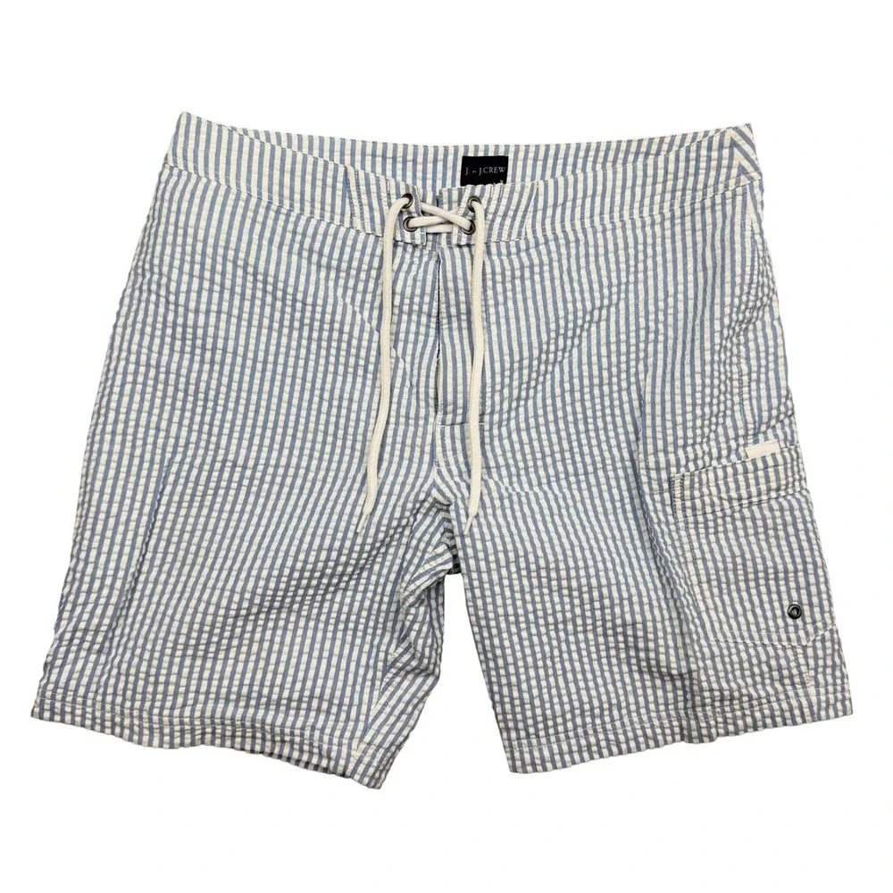 J. Crew Board Shorts Mens 33 Blue Seersucker Striped Swim Trunks Draw String EUC